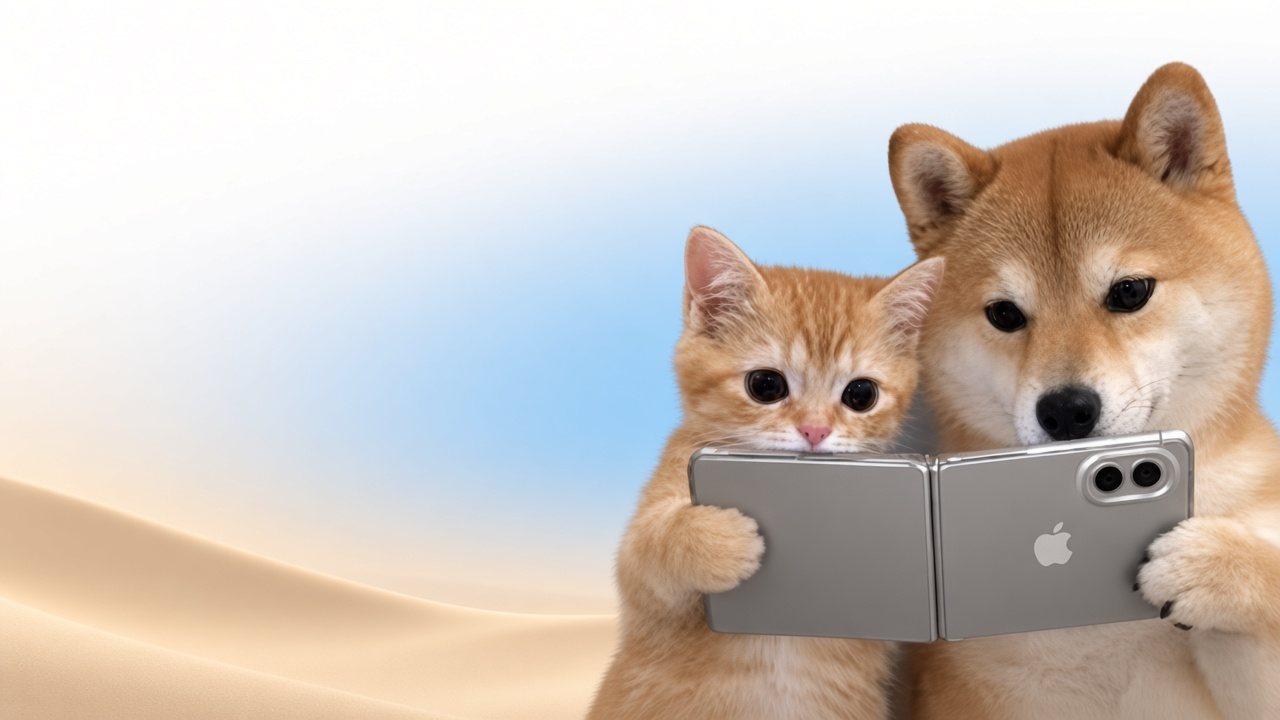 An orange kitten and a shiba inu holding a silver foldable phone